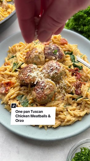 One Pan Tuscan Chicken Meatballs & Orzo Recipe