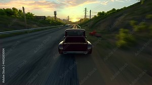 3d fake Video Game. Racing simulation on modern gaming computer. car chase. Hot-rod car rides on highway. without car hud interface.