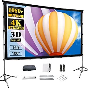 Projector Screen with Stand,BJWW 100 inch Portable Projection Screen, Indoor Outdoor Screen 16:9 4K HD Rear Front Movie Screen with Carry Bag Wrinkle-Free Design for Home Theater Backyard Cinema 160°