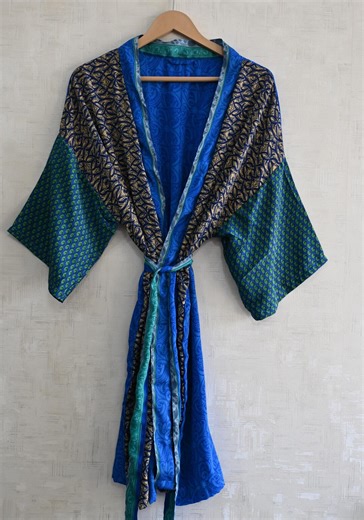 Luxury Silk Short Kimono Robe, Blue Bathrobe Japanese Jacket, Festival Wear - Etsy