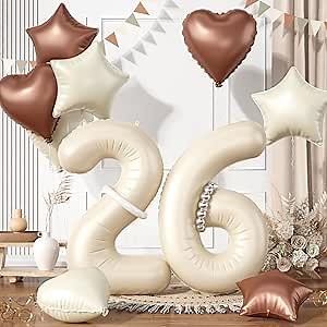 26th Cream White Balloons, 26 Number Balloons Set, Brown Beige Sand White Foil Star Heart Balloon With Long Balloon For 26th 62th Birthday Party 2nd 6th Baby Shower Bachelorette Anniversary Decor