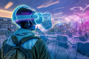 Student exploring virtual reality technology in an advanced, technology enabled to time machine