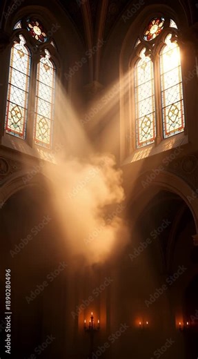 Sunlight streams through stained glass windows into a church interior with arches and candlelight ambiance from below viewpoint