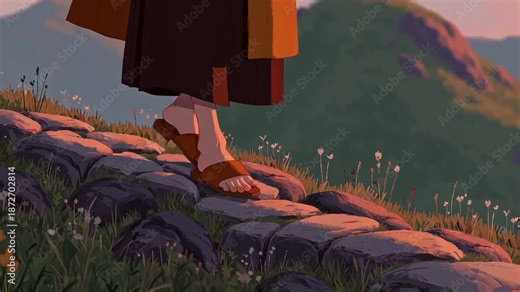 Monk pilgrim walking on pilgrimage Buddhist Spiritual Devotion Monastery Religion Solitude Path Cartoon