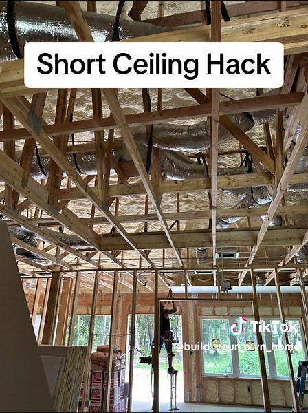 Here is a clever way to increase the height in a flat ceiling. Cost effective and helps stage the room. This is over the family room of one of our clients. Follow to see final product with stained wood. #homebuildingtips #newhome #newconstruction #tiktokhomes #homehacks #customhome #diy