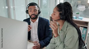 Telemarketing, business people and planning talk with call center and customer service consulting job. Conversation, meeting and online support with a consultant team planning for web help in office