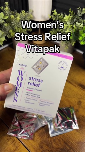 GNC Women’s Stress Relief Vitapack Program Multi-system approach to stress management with nutrients and targeted supplements. Cognitive and mood support with Omega-3s and ashwagandha. Multivitamins that help boost energy production and support immune health. Conveniently packed in ready to take packs. Results may vary.