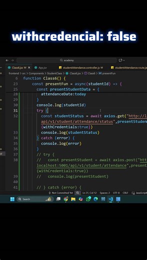 Mr Gen-Z on Instagram: "Why and How? Plz tell me! #Axios #JavaScript #CORS #WebDevelopment #Programming #Debugging #Frontend #Backend #API #TechShorts #CodingError #Developer #WebDev Axios Mystery: Sent withCredentials: true but Got withCredentials: false in Error! In this short, I show a weird Axios bug — I clearly sent withCredentials: true, but the error log shows it as false! Where did it go wrong? 🔍 Possible Culprits: ✅CORS misconfiguration on backend ✅ Axios instance overriding config ✅ B