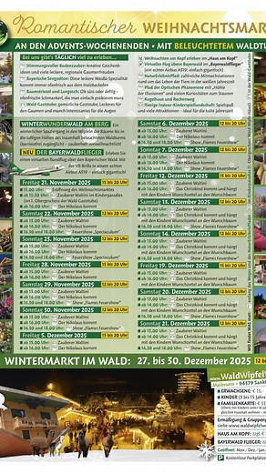 Wollt ihr schon mal einen Blick auf unser diesjähriges Weihnachtsmarkt Programm werfen? Wir haben uns wieder viel für euch einfallen lassen und ihr wisst ja auch längst, dass es in diesem Jahr bereits am 21. November startet! Die Vorfreude steigt und wir freuen uns schon auf euch! #waldwipfelwegsanktenglmar #bayerischerwald #waldwipfelweg #weihnachtsmarkt #lichtermeer #weihnachtsstimmung #barrierefrei #bavariagermany #schöneaussicht #hundeerlaubt #ausflugtippsfürfamilien | Waldwipfelweg Sankt En