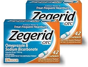 Zegerid OTC, 24-Hour Heartburn Relief, Acid Reflux Medicine and Antacid, Treats Frequent Heartburn, Omeprazole 20mg + Sodium Bicarbonate, Proton Pump Inhibitor (PPI), Two 42ct Cartons