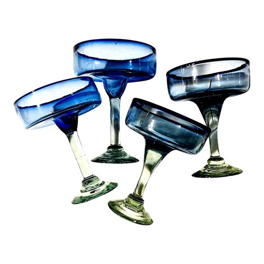 Vintage Blue Margarita Glasses | Set of 4 | Handblown Art Glass Coupe | Retro Barware | Eclectic Cocktail Glass Coastal Entertaining - Etsy