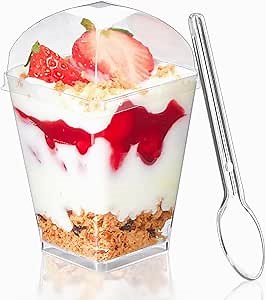 TOFLEN 50 Pack 5 oz Clear Square Dessert Cups with Dome Lids and Spoons, Perfect for Parties, Desserts, Appetizers, and More