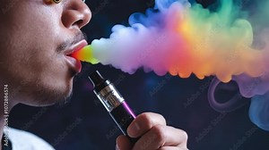 Close-up of a person exhaling vibrant, colorful smoke from a vape, with the colors blending into abstract swirls against a dark background, creating a mystical and dreamy effect.