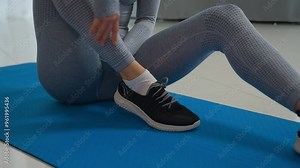 Caucasian unwell woman sad suffering girl feet pain training at home workout trauma sporty lady sportswoman female athlete muscle ache injuring leg painful foot ankle joint injury damage fitness gym