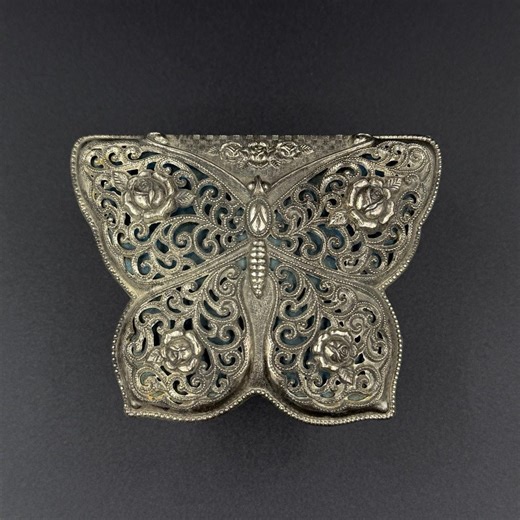 Vintage Butterfly Music Box Silver Tone Filigree Blue Velvet Japan - Etsy