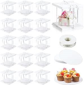 Dandat 15 Pcs Plastic Clear Cake Box Large Bakery Transparent Cake Box with Ribbon Tall Cake Box and Round Cardboard Cake Boards for Display Cookie Wedding Party Birthday Gift, 10.2" x 10.2" x 9.8"