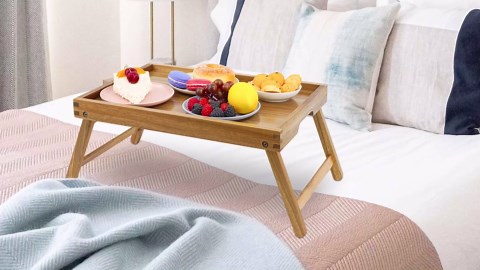 VaeFae Acacia Bed Table Tray, Wooden Breakfast Tray with Folding Legs, Bed Tray for Eating and Laptop, Eating Trays for Bedroom