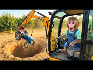 Monkey baby Uses a JCB Excavator to Rescue His Tractor After It Falls into a Big Hole!