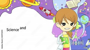 Cartoon animation background template layout of a girl student learning math, art, and science with abstract fantasy concept used for school and kid education promotion in 4k ultra HD