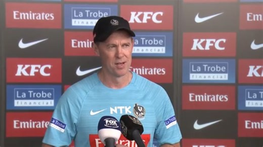 Craig McRae speaks to the media after Pies slammed rumours about his personal life