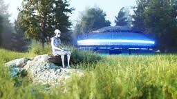 Lustiges Alien im Wald sitzend. Realistische 4k-Animation