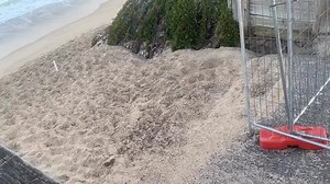 EROSION WORKS: Here’s a look from the ground at Entrance North and at the North Entrance Surf Club. Some sand scraping works were carried out last week in preparation for the temporary emergency protection in front of a 250-metre stretch of residents’ properties. The work at the residences is expected to take three to four months to be carried out, and will include large rocks and sand nourishment at the impacted residents’ expense. This comes after the Scope of Works was approved by the NSW Rec