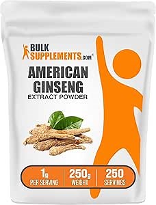 BulkSupplements.com American Ginseng Extract Powder - Ginseng Supplement, Herbal Supplements - Gluten Free, 1g per Serving, 250g (8.8 oz) (Pack of 1)