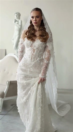 Long Cathedral Lace Wedding Veil with Pearl Embroidery, Ivory Bridal Veil