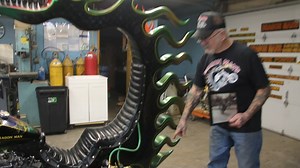 This is my Dragon Bike that I built in 1967. I actually made 17 of them over the years. They are all over the country. Every Dragon Bike is different. Between 1967-1968 I built the 2 original Dragon Bikes. I have this one and the other one is in Ted's Museum in Newburg, New York. If you don't know Ted, he's the owner of V-Twin Motorcycle Parts. I first met Ted in 1968, we had both of our Dragon bikes in the New York Colosseum Show. From then on I have been doing business with him and we have bec