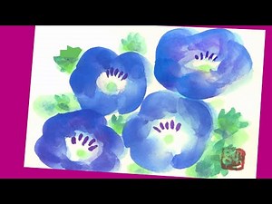 【絵手紙妙華】ネモフィラ4輪の花の絵手紙の描き方（初心者・簡単）（下絵・塗り絵付）5月の花・春の絵手紙の書き方・水彩画
