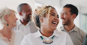Happy employees, staff and a funny team together at a office laughing at a business conversation