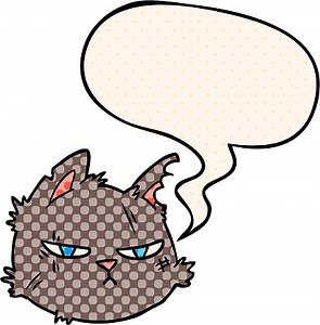 cartoon tough cat face with speech bubble in comic book style