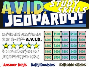 AVID Jeopardy Game "STUDY SKILLS" - handouts, reading, and interactive slides