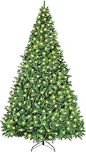 BROVIEW 9ft Pre-Lit Artificial Christmas Tree, Premium Hinged Holiday Christmas Pine Trees with 700 Warm White Lights, 2100 Branch Tips, for Home Office Party Decoration, Green