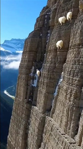 incredible climbing abilities of mountain goats as they navigate an almost vertical cliff face.