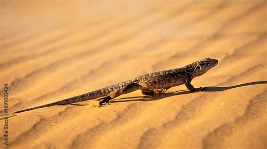 Desert lizard running across golden sand dunes with flying sand particles, an extremely sharp wildlife action video, survival movement in harsh arid nature