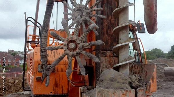 Heavy Machinery Auger Piling Rig at Work Drilling Deep Piled Foundations in a Bustling Urban Construction Site