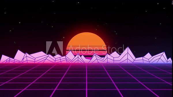 4K futuristic synthwave 80s style retro background video. Sci-fi seamless looping animation with two grid, mountain and the sunset in the middle.