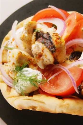Authentic Greek chicken souvlaki with tzatziki and pita