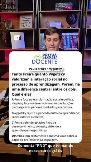 🧠 Paulo Freire x Vygotsky — você sabe diferenciar os dois? Tanto Freire quanto Vygotsky valorizam a interação social no processo de aprendizagem. Porém, há uma diferença central entre os dois. 👇 Qual é ela? A) Freire foca na transformação social e política; Vygotsky foca no desenvolvimento das funções psicológicas superiores mediadas pela cultura. B) Vygotsky rejeita o papel do outro no aprendizado; Freire valoriza o coletivo. C) Freire defende estágios fixos de desenvolvimento; Vygotsky defen