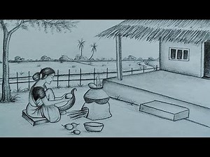 How to draw village women cooking/Indian village drawing with pencil