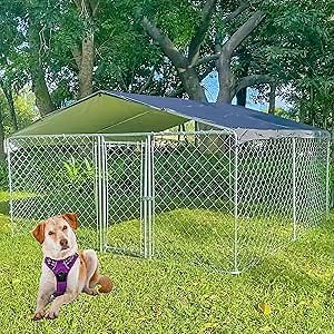 Large Outdoor Dog Kennel Metal, Heavy Duty Outdoor Steel Exercise Fence Dog Cage, Galvanized Anti-Rust Dog Pens, Dog Playpen with Waterproof Cover and Secure Lock, 9.8' x 9.8' x 5.6'