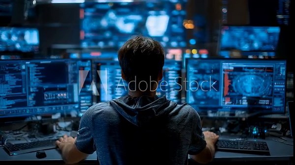 Analyst responds to security breach warnings by examining network activity logs and deploying countermeasures in a cuttingedge cyber defense operations hub.