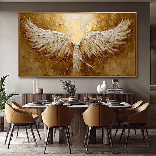 3D Textured Angel Oil Painting, Abstract Wall Art, Original Cloth Painting, White Wing Wall Art, Living Room Wall Art, Golden Wall Art - Etsy