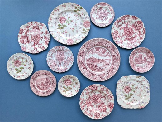 Vintage Red (pink) Transferware Plate Wall Collection, Farmhouse Wall Decor Plate Display, Dish Gallery Wall, Cottage Mismatched Plates - Etsy