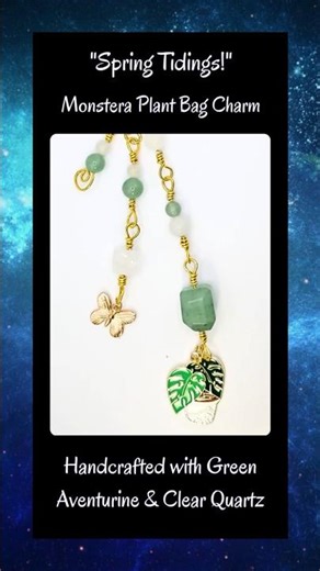 Monstera Plant Bag Charm Green Aventurine & Quartz, Gold Tone Spring Tidings!