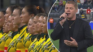 Conrad Sewell sings the national anthem at the NRL Las Vegas Premiership