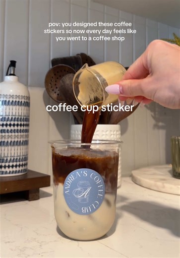if you want to elevate your home cafe, my etsy template link is in my bio! you can change out the text, color, font, icons, etc! so fun to personalize the sticker for your coffee cups 😍 #customsticker #stickerdesign #canvatemplate #homecafe #coffeeathome