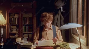 Young writer typing on vintage typewriter at his desk, crumpling up sheet of paper and throwing it away in frustration, then using fresh one to work on book in warmly lit study