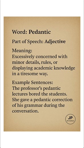 Pedantic (/pəˈdæn.tɪk/) (Adjective): Excessively concerned with minor details, rules, or...
